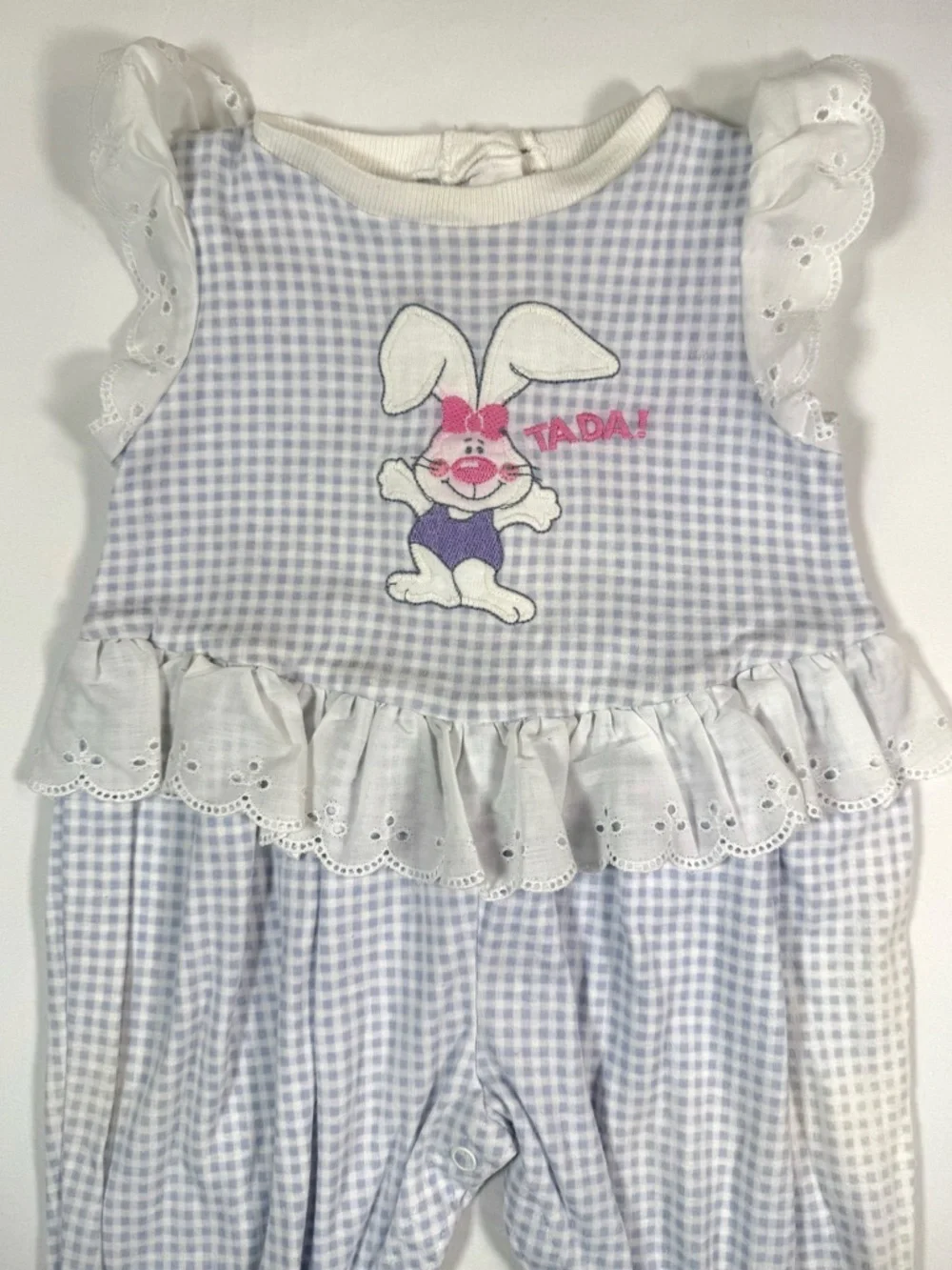VINTAGE CARTERS Baby Girl 90s 12M Gingham Bunny Romper Eyelet‎ Lace Cottagecore